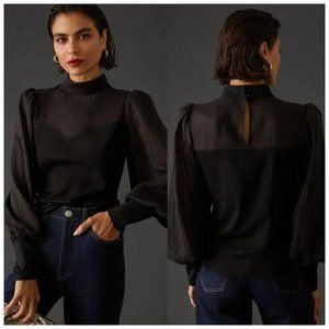 Anthropologie Flat White Bishop-Sleeve Blouse in Black  NWT $88 XS